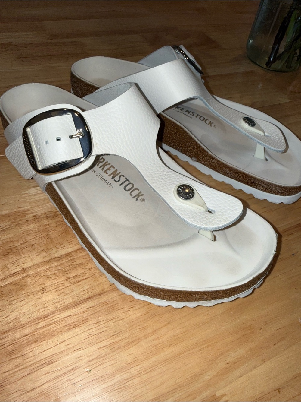 Birkenstock White Gizeh Sandal with Silver Buckle